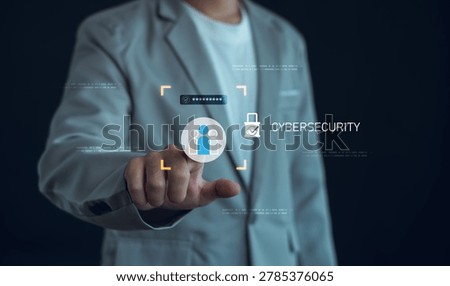 Businessperson using cybersecurity interface for data protection, user authentication, secure access, identity verification, privacy management, and digital security technology solutions.
