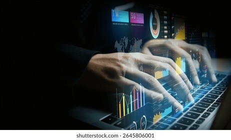 Businessperson using laptop with digital financial charts, global data analytics, and futuristic investment interface visuals for finance, marketing, and strategy, 3d Rendering