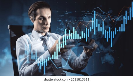 Businessperson using tablet with financial graph overlay, modern technology style, dark blue background, concept of data analytics and business