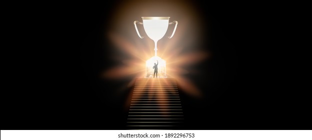 Business,win,victory,leadership and achievement concept.Business man standing on stairs and gold trophy shape on black wall.Winning success man happy ecstatic celebrating being a successful and winner - Shutterstock ID 1892296753
