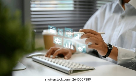 Businesswoman accessing virtual tools for global data and performance tracking