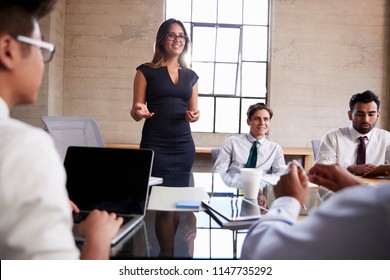 Businesswoman addressing colleagues at a meeting, close up - Shutterstock ID 1147735292