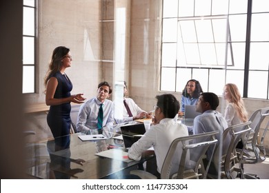 Businesswoman addressing colleagues at a meeting, side view
