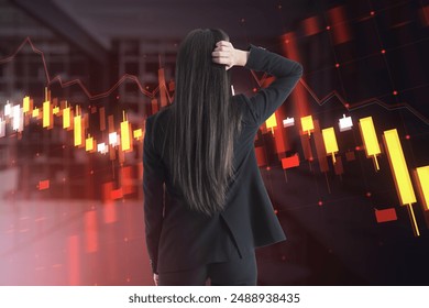 A businesswoman analyzing financial charts on a digital interface, set against a dark office background, illustrating the concept of market analysis - Powered by Shutterstock