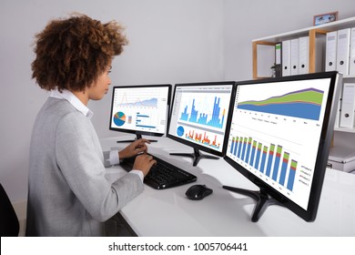 Businesswoman Analyzing Graph On Multiple Computers On Desk In Office