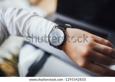 Image, Stock Photo Woman calling on phone wearing blue dress and silver wristwatch