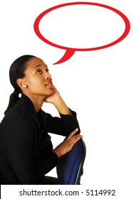 Businesswoman In Black Suit Leaning On Her Hand While Thinking With Speach Bubble