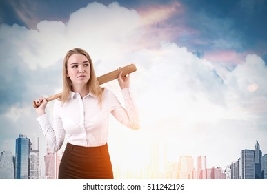 Businesswoman with blond hair is standing against city background shining with confidence. Concept of competition in business. Toned image. Mock up
