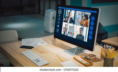 Businesswoman And Business Team In Video Conference For Protection Covid-19.woman Watching Laptop Webinar Video Course At Home Office.Webinar,social Distancing,e Learning And Seminar Online Concept.