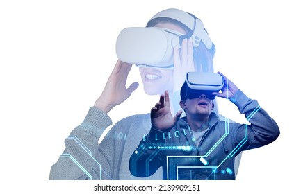 Businesswoman and businessman in casual wear are wearing vr helmet and watching at digital interface with binary code at metaverse in the foreground. White background. Concept of virtual reality