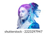 Businesswoman and businessman portraits, double exposure stock market candlesticks with lines, glowing forex diagrams. Concept of trading and consulting. Copy space