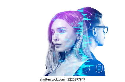 Businesswoman and businessman portraits, double exposure stock market candlesticks with lines, glowing forex diagrams. Concept of trading and consulting. Copy space - Shutterstock ID 2223297947