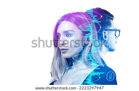 Businesswoman and businessman portraits, double exposure stock market candlesticks with lines, glowing forex diagrams. Concept of trading and consulting. Copy space