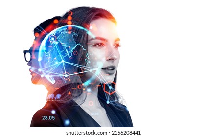 Businesswoman and businessman wearing formal wear are watching at digital interface with hologram of virtual globe and line connection. White background. Concept of internet worldwide communication - Shutterstock ID 2156208441