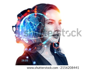 Businesswoman and businessman wearing formal wear are watching at digital interface with hologram of virtual globe and line connection. White background. Concept of internet worldwide communication
