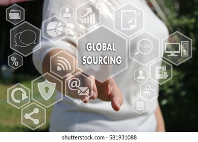The businesswoman clicks the button GLOBAL SOURCING on the touch screen
