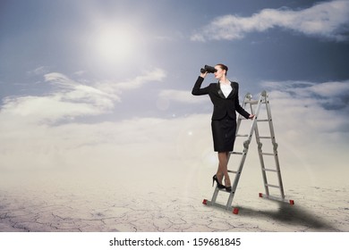 businesswoman climbed a ladder and looking through binoculars