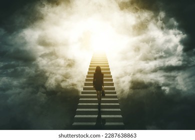 Businesswoman climbing up challenging career ladder heading to clouds - Powered by Shutterstock