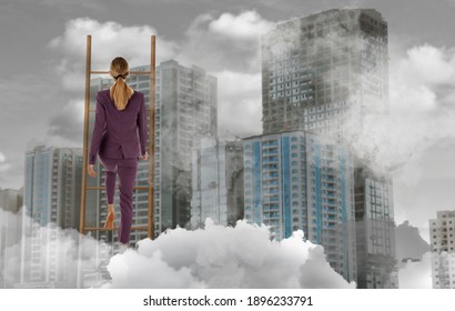 Businesswoman climbing up ladder and cityscape on background, space for text. Career promotion concept