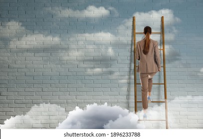 Businesswoman climbing up ladder near brick wall, space for text. Career promotion concept