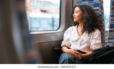 Businesswoman Commuting To Work On Train Sitting And Relaxing Looking Out Of Window - Powered by Shutterstock