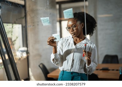 Businesswoman in conference room. Young African businesswoman making a business plan. Woman writing on the glass board in office. - Powered by Shutterstock