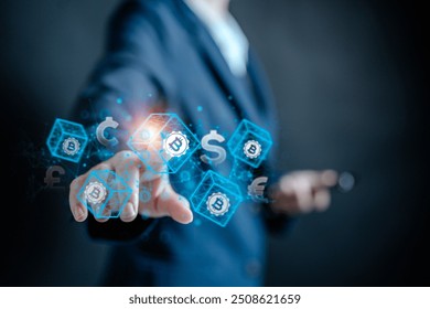 Businesswoman connecting to blockchain global networking, Token money bank bitcoin, cloud data network connect, cyber security binary coded, Blockchain technology concept.