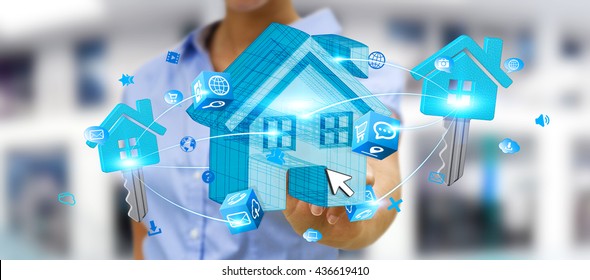 Businessman Connecting Digital Blue House Keys Stock Photo 420576253 ...