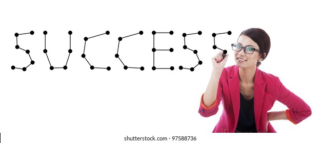 Businesswoman Connecting The Dots Making The Word Success