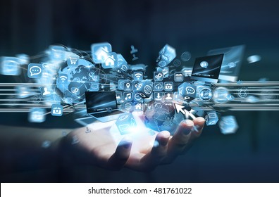 Businesswoman connecting icons applications to each others 3D rendering