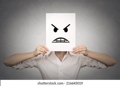 Businesswoman Covering Her Face With Angry Mask Isolated Grey Wall Background. Negative Emotions, Feelings, Expressions, Body Language