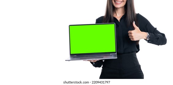 Businesswoman Crop View Holding Open Laptop With Green Screen Mockup For Business Advertising