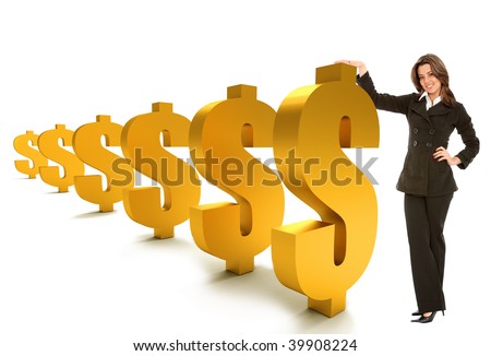 Millionaire business woman holding dollar bills - isolated over white