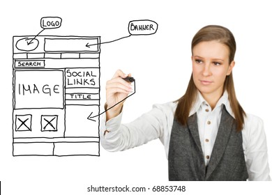 Businesswoman Drawing Web Design Sketch