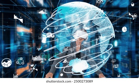 Businesswoman explaining world market data rotating analysis screen VR future global innovation interface digital infographic network technology virtual hologram global animation server. Contraption. - Powered by Shutterstock