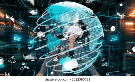 Businesswoman explaining world market data rotating analysis screen VR future global innovation interface digital infographic network technology virtual hologram global animation server. Contraption. - Powered by Shutterstock