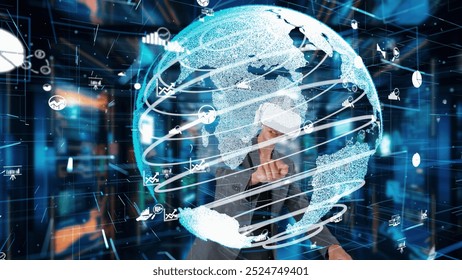 Businesswoman explaining world market data rotating analysis screen VR future global innovation interface digital infographic network technology virtual hologram global animation server. Contraption. - Powered by Shutterstock