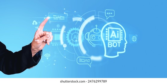 Businesswoman finger touch digital hologram hud with AI brain, glowing circles with chat bot and information processing icons. Concept of machine learning and programming - Powered by Shutterstock