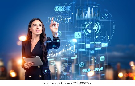 Businesswoman Finger Touch Digital Hud Screen With Forex Business Graphs, Numbers And Binary. Earth Hologram With Lines. Concept Of Financial Analysis