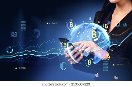 Businesswoman finger touch on phone. Bitcoin hologram with earth sphere, rising lines and big data with numbers. Concept of online trading and e-business