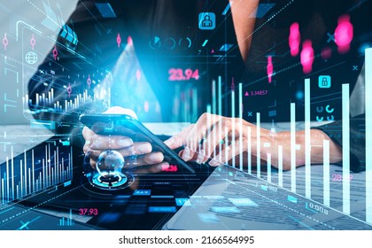 Businesswoman finger touch phone in hand. Stock market diagrams, forex hologram with bar chart, numbers and lines. Colorful chart with dynamic changes. Concept of online trading.