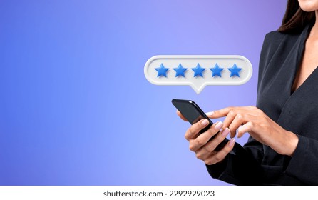 Businesswoman finger touch phone in hand, closeup with five stars bubble on empty copy space background. Concept of giving positive review online, client service and rating