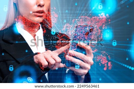 Businesswoman finger touch phone in hand, red world map hologram with digital cybersecurity and glowing locks, data protection. Concept of cyberattack.