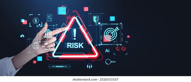 Businesswoman finger touch risk glowing triangle sign, diverse banking or marketing icons. Concept of business safety, financial analysis and money insurance - Powered by Shutterstock - Get 15% off with code: PIKWIZARD15