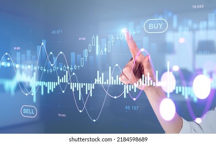 Businesswoman Finger Touch Stock Market Diagrams, Hologram With Lines And Candlesticks On Virtual Screen, Buy And Sell. Concept Of Online Trading