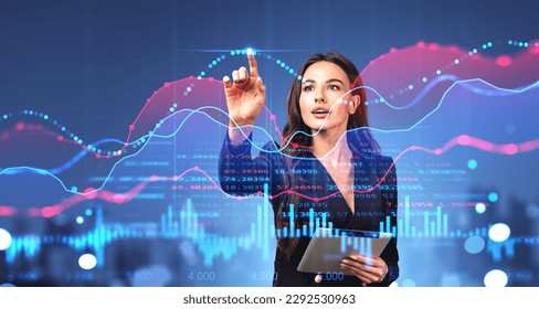 Businesswoman finger touch virtual screen, forex stock market hologram hud, financial analysis and statistics, bar chart with numbers. Concept of business research