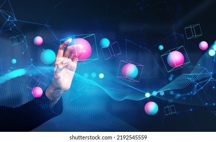 Businesswoman finger touching digital hologram of spheres and blocks, lines and connection. Concept of metaverse and virtual reality