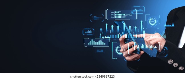 Businesswoman finger touching smartphone screen, double exposure business data dashboard with growing arrows and numbers. Concept of finance, digital research and profit. Copy space - Powered by Shutterstock