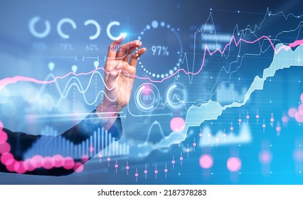 Businesswoman finger touching virtual screen with stock market analysis, forex diagrams with lines and numbers. Glowing hud with financial data. Concept of online trading