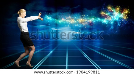 businesswoman firing sparkles like a superpower on blue background